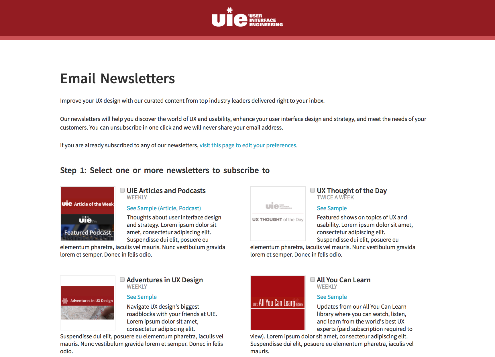 UIE Newsletter Signup Screenshot